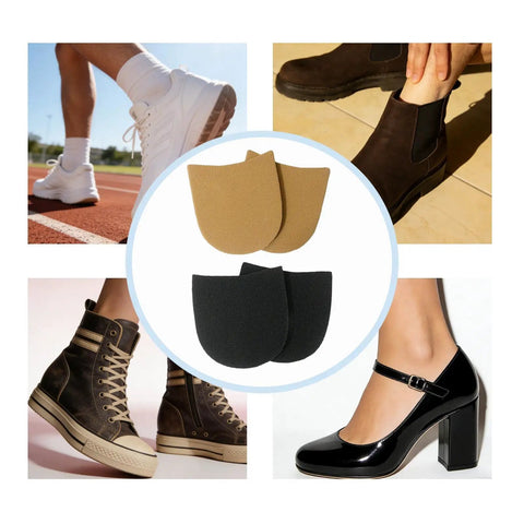 Two Pack Self Adhesive Rubber Heel Patches for Boots and Dress Shoes displayed with various shoe types, including sneakers and heels.