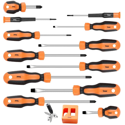 Magnetic Screwdriver Set 13 Pieces With 6 Phillips And 6 Flat Head Bits, Chrome Vanadium Steel, Non Slip Handles, Magnetizer Included