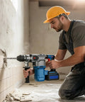 Heavy Duty Hammer Drill Handle For 60-65mm Front Grip With Non Slip Abs Steel Texture That Cools Down Hands, used by a worker in construction.