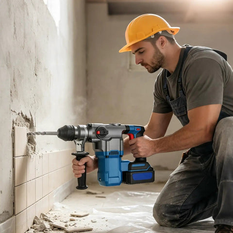 Heavy Duty Hammer Drill Handle For 60-65mm Front Grip With Non Slip Abs Steel Texture That Cools Down Hands, used by a worker in construction.