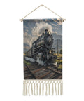 Steam Locomotive Train Hanging Poster With Beech Wood Frame, Cotton Linen Wall Art, Vintage Tassel Tapestry, Train on Rails