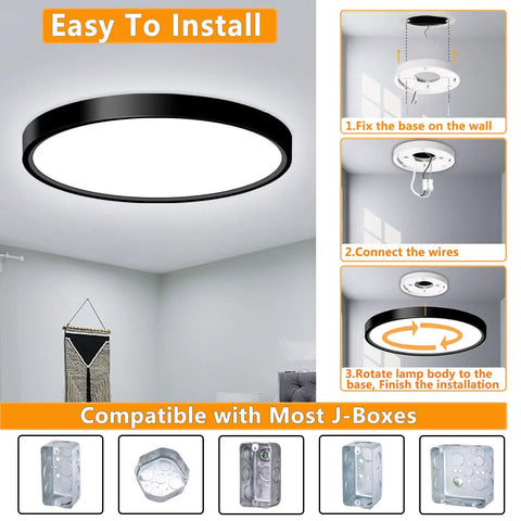 Installation steps for Black 9 Inch Flush Mount Ceiling Light Fixture, Low Profile Slim Surface Light, 18W 5000K Daylight.
