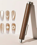 3 In 1 Cat Eye Nail Magnet Kit For DIY Manicures, brown magnet tool, and galaxy nail effects displayed on a light background.