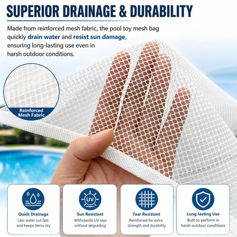 Hand holding mesh fabric of All-In-One Poolside Gear Organizer Set With Three Mesh Storage Bags (One Large, Two Medium) Plus Six Adhesive Hooks And Six Straps For Noodles, Floats, Toys, And Pool Accessories, Ideal For Above Ground Pools, showing drainage and durability features.
