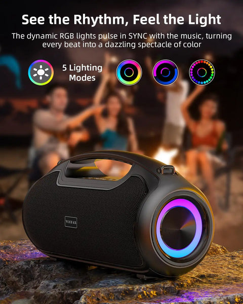200W Peak Portable Bluetooth Speaker with Deep Bass, IP65 waterproof, RGB lights in outdoor party setting