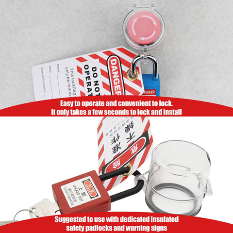 30mm Plastic Round Push Button Switch Cover Guard Clear Emergency Stop Lockout Shield Keeps Buttons From Accidental Activation No Sweat Install PC Material Durable shown with lock and warning tag.