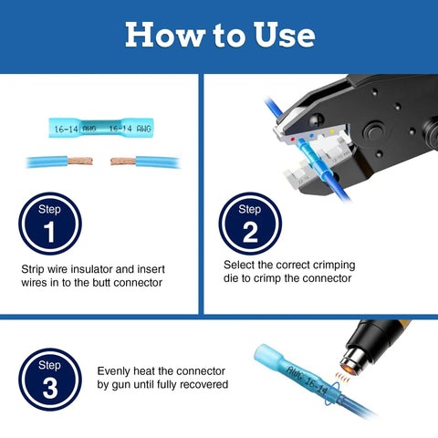 Three-step guide for using 220-Piece Heat Shrink Butt Connectors Kit With KableSeal Tech, showing stripping, crimping, and heating process.