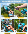3-In-1 Cordless Garden Tool Kit with dual 4000mAh batteries showcasing chainsaw, hedge trimmer, and pruner safety features.