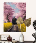 Vintage Steam Train Tin Plaque Sign 12X16 Inch with cherry blossom tunnel and yellow wildflowers, metal wall decor in living room.