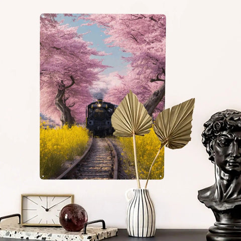 Vintage Steam Train Tin Plaque Sign 12X16 Inch with cherry blossom tunnel and yellow wildflowers, metal wall decor in living room.