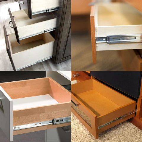 Heavy Duty 13.5 Inch Metal Drawer Slides With Ball Bearing Two Way Rails in kitchen and furniture installation scenes