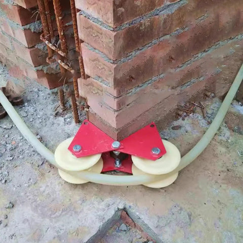 Heavy Duty Double Pulley System With Steel Rings And Nylon Groove Wheel in use around a wall corner, construction site setting