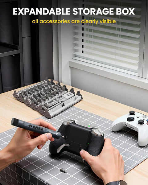 Slick Cordless Mini Electric Screwdriver Kit With 123 Precision Bits And Compact Roll Up Case for phone and gaming controller repairs.
