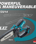 Makita 18V LXT Brushless Cordless 6 Inch Pruning Saw For Yard Work on promotional display, showing blade and handle details