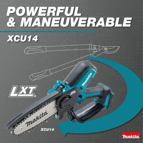 Makita 18V LXT Brushless Cordless 6 Inch Pruning Saw For Yard Work on promotional display, showing blade and handle details