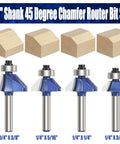 Four Pack 45 Degree Chamfer Router Bit Set With One Quarter Inch Shank Carbide Edges For Beveling And Wood Profiling Displayed