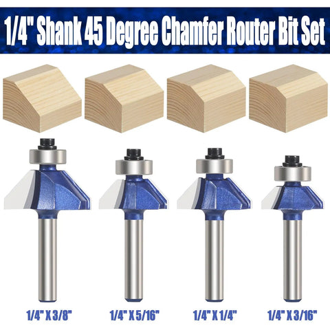 Four Pack 45 Degree Chamfer Router Bit Set With One Quarter Inch Shank Carbide Edges For Beveling And Wood Profiling Displayed