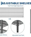 Adjustable shelves of Solid Build Top Tier Heavy Duty Four Tier Metal Wire Shelving Rack With Rust Resistant Powder Coated Steel Frame.