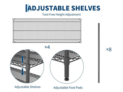 Adjustable shelves of Solid Build Top Tier Heavy Duty Four Tier Metal Wire Shelving Rack With Rust Resistant Powder Coated Steel Frame.