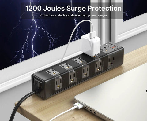 15 Outlet Desk Clamp Power Strip With Widely Spaced Outlets And 6 Ft Flat Plug Surge Protector With USB Charging Ports