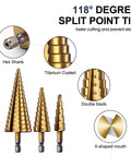 Straight Up High Speed Titanium Coated Step Drill Bit Set Engineered For Smooth Holes Clean Cut Through Aluminum Wood And Stainless Steel Legit Workshop Grind Kit showcasing three titanium-coated bits with hex shanks and split point tips.