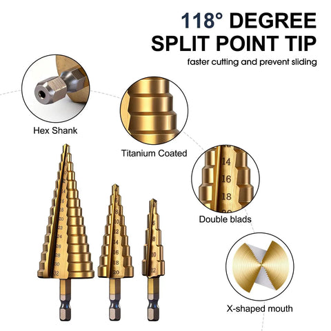 Straight Up High Speed Titanium Coated Step Drill Bit Set Engineered For Smooth Holes Clean Cut Through Aluminum Wood And Stainless Steel Legit Workshop Grind Kit showcasing three titanium-coated bits with hex shanks and split point tips.