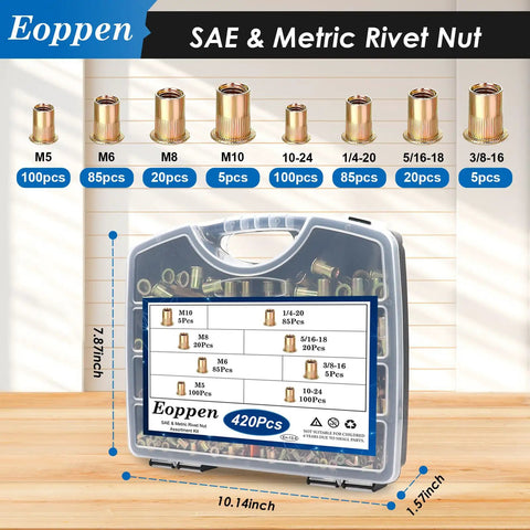 Rivet Nut Tool Kit With 4 Mandrels M5 M6 10-24 1/4-20 And 420 Rivet Nuts, Rugged Carrying Case, shown on wooden desk.