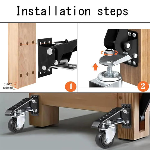 Installation steps for Heavy Duty Retractable Caster Wheels For Workbenches Tables 300Kg Load Capacity 4 Pack Locking Step Down Casters Kit.