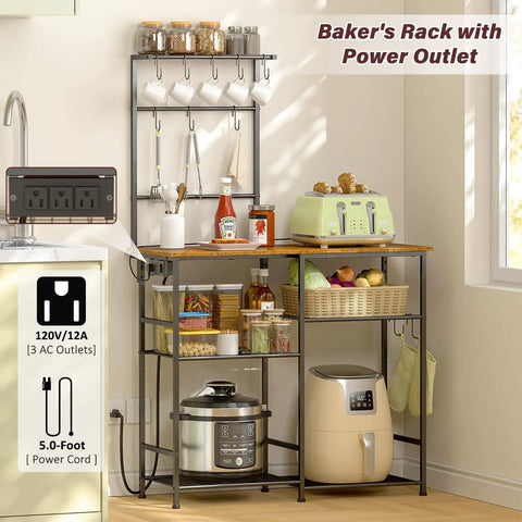 Baker's Rack With Power Outlet For Kitchen Organization No Brainer, rustic brown with hooks, shelves, and appliances displayed