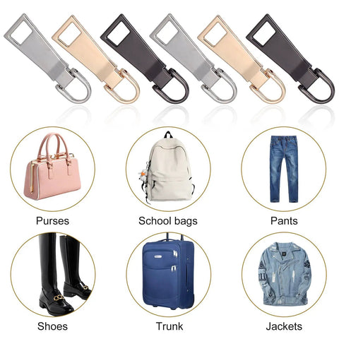 Nine Piece Zipper Pull Replacement Kit Includes Metal Zipper Tabs For Luggage Backpacks Jackets Sewing Notions And Supplies Small Medium Large Three Colors Durable Zinc Alloy Easy Quick Fixes displayed with applicable items: purses, school bags, pants, shoes, trunk, jackets.