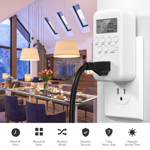 Indoor Digital Timer Outlet With Eight On Off Programs For Lamps And Fans No Brainer Easy Setup Simple Single Outlet 3 Prong Plug In Timer Seven Day Programmable Light Switch 15 Amp 1875 Watt ETL Listed