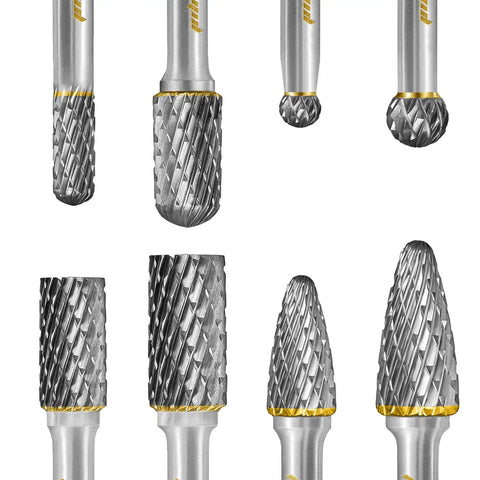 Tungsten Carbide Burr Set With One Quarter Inch Shank Eight Piece Double Cut Rotary Burrs For Die Grinders displayed