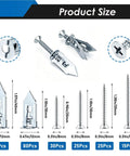Self Drilling Drywall Anchors And Screws Kit With Six Size Options In Silver, detailed view of various sizes and quantities displayed