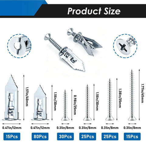 Self Drilling Drywall Anchors And Screws Kit With Six Size Options In Silver, detailed view of various sizes and quantities displayed