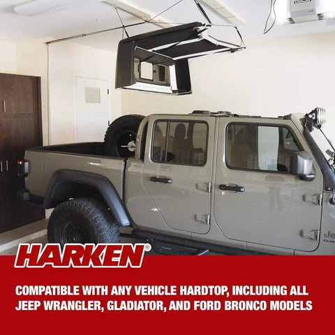 Overhead Truck Cap Garage Hoist With Self-Leveling Lift Safe Anti-Drop System One-Person Operation shown lifting a vehicle hardtop