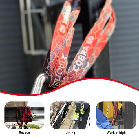 Cobra 60kN Round Sling And Safety Lanyard With Wear Resistant Cover 4ft attached to structure in industrial setting.