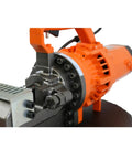 Portable Electric Hydraulic Rebar Cutter Cuts 3/4 Inch Grade 60 Rod In Seconds Heavy Duty Steel Reinforcing Bar Tool For Contractors Fast Clean Cuts DC-20WH Series close-up of cutting mechanism and motor components.