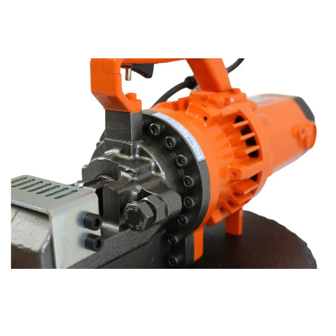 Portable Electric Hydraulic Rebar Cutter Cuts 3/4 Inch Grade 60 Rod In Seconds Heavy Duty Steel Reinforcing Bar Tool For Contractors Fast Clean Cuts DC-20WH Series close-up of cutting mechanism and motor components.