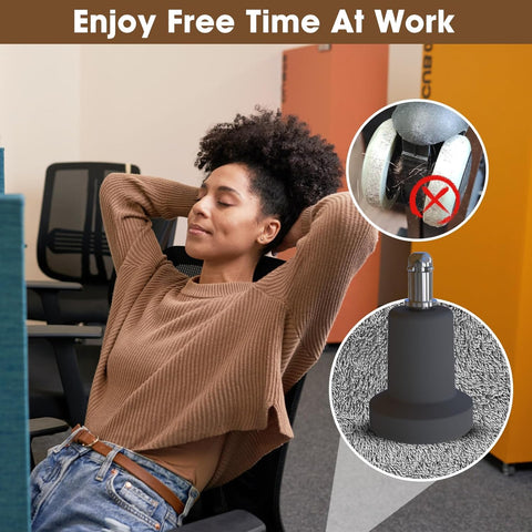 High Grade Stationary Office Chair Glides Swap Out Rolling Stool Casters Secure Non Slip Base Protects Flooring Tight Fit Design Keeps Your Workspace Locked Down Smooth 10 Pack with a relaxed person in an office setting.