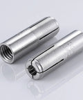 20 Pack One Quarter Inch Premium Stainless Steel Knurled Drop-In Anchors For Solid Concrete Internal Forced Expansion Heavy Duty Concrete Fasteners Easy Install Rust Resistant, showing close-up of two steel anchors with knurled texture.