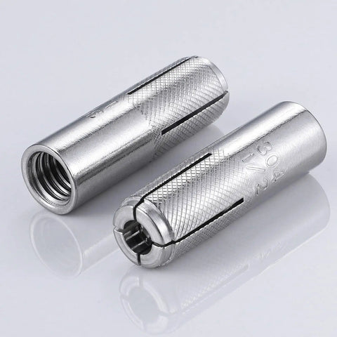 20 Pack One Quarter Inch Premium Stainless Steel Knurled Drop-In Anchors For Solid Concrete Internal Forced Expansion Heavy Duty Concrete Fasteners Easy Install Rust Resistant, showing close-up of two steel anchors with knurled texture.