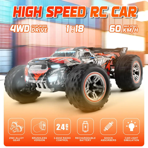 One Eighteen Scale Brushless RC Car 4WD Off Road Remote Control Truck Reaches Sixty KMH Speed All Terrain Toy for Adults and Kids