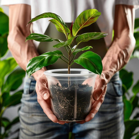 Person holding a plant in a clear nursery pot with visible roots, from the Clear Nursery Pots Set For Plants 3.5, 5, 6 Inch With Drainage Holes Flexible Reusable Seedling Planters Seed Starter Pots For Home Garden See Through Pots To Track Roots 21 Pack.