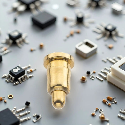 Heavy Duty Spring Loaded Contact Pin With Pointed Tip And 2 Amp Rating Snaps Snugly Into 3.5 Mm Fasteners on circuit board.