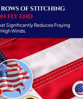 Detailed view of 3x5 Outdoor American Flag With Embroidered Stars And Sewn Stripes, Heavy Duty 400D Polyester, brass grommets, stitching highlights