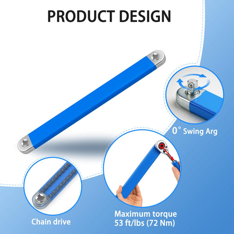 Offset Extension Wrench for Deep Reach Mechanics Set With Durable Chain Drive and High Hardness Steel Go To Workhorse Universal Compatibility Includes Three Color Wrench Extenders and Four Size Adapters For Maximum Torque 53 ft and 0 Degree Swing