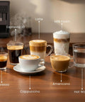 Assorted coffee drinks made by a Fully Automatic Espresso Machine With Built-In Grinder, 20 Bar Pressure, on a wooden table.