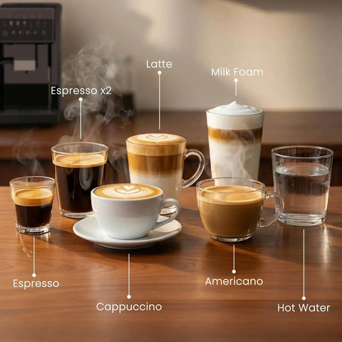 Assorted coffee drinks made by a Fully Automatic Espresso Machine With Built-In Grinder, 20 Bar Pressure, on a wooden table.
