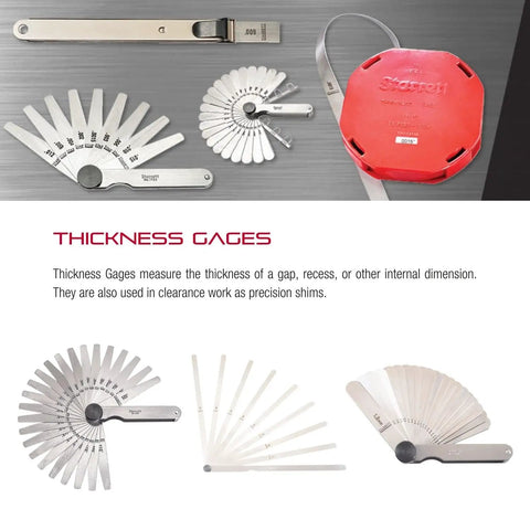 Various pro grade tempered steel thickness gauge and feeler stock sets, including 32 leaves from 0.001 to 0.030 inch for DIY projects