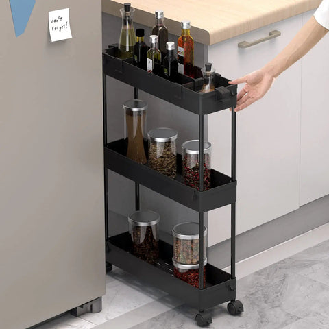 Space Saving Slim Storage Cart With 3 Tier Rolling Utility Smart Organizer Fits Tight Spots In Narrow Gaps In Bathroom Kitchen Laundry Or Office Black shown in a kitchen setting